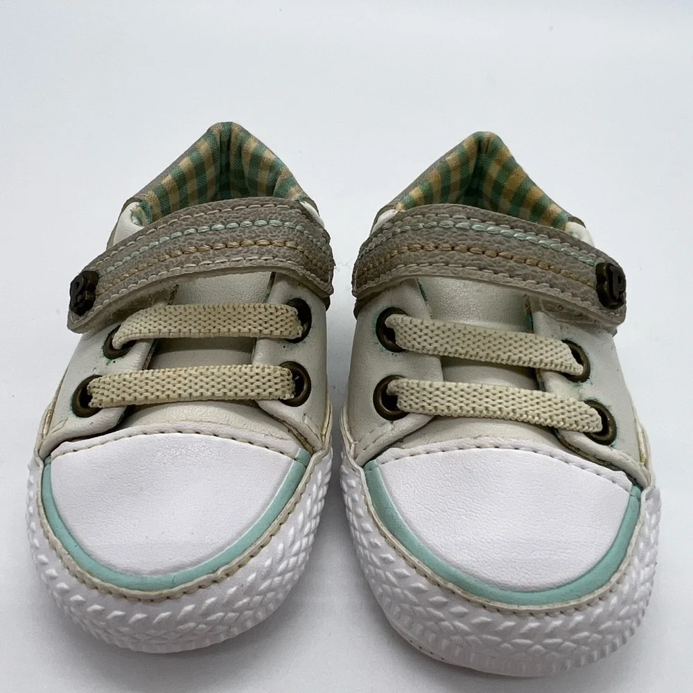 PIMPOLHO BABY BOY WHITE AND TAN CRIB SHOES SIZE 1.5